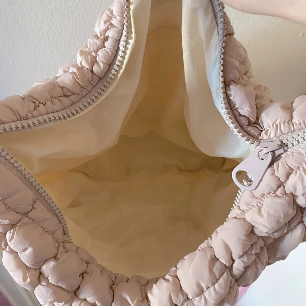 Pale Pink/Cream Color Quilted Puffer Slouchy Bag with Crossbody Strap